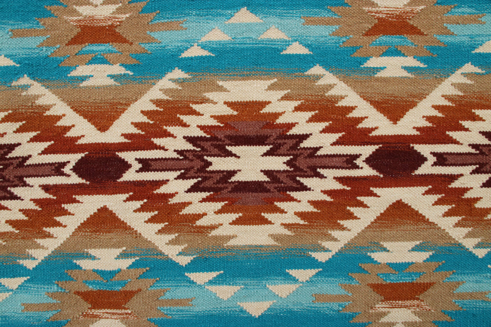 Pendleton Pagosa Springs wool rug with blue, brown, and cream Southwest geometric patterns.