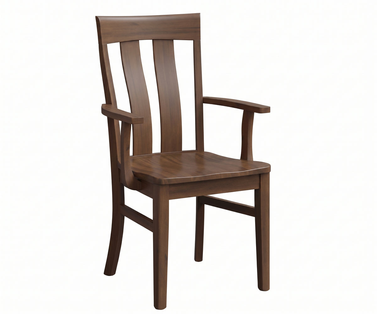 Paris Arm Chair in dark brown solid hardwood with a slatted back and curved armrests