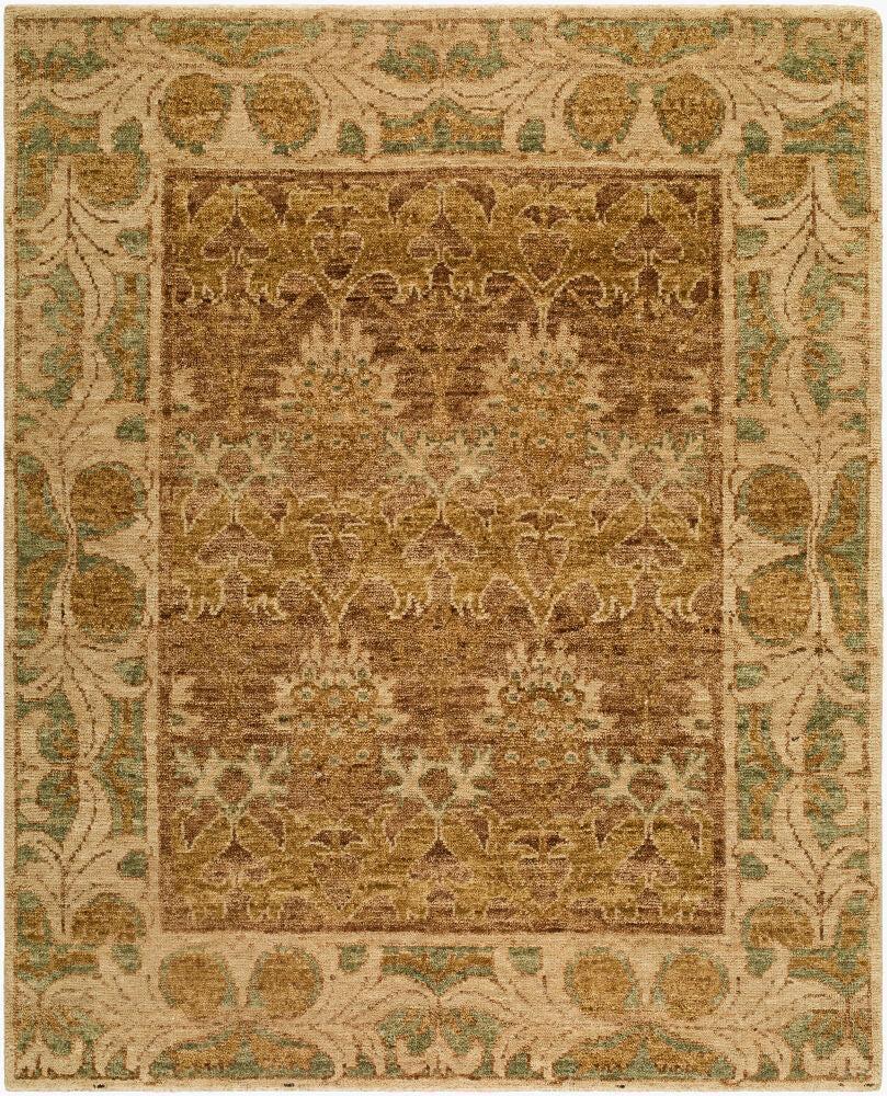 Picasso hand-knotted wool rug with traditional floral patterns in gold, beige, and sage green.