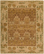 Picasso hand-knotted wool rug with traditional floral patterns in gold, beige, and sage green.