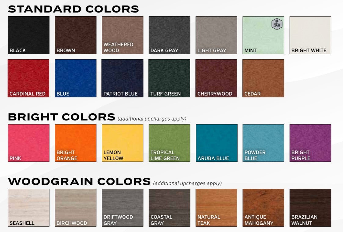 Color swatches for Mission Style Swivel Glider in standard, bright, and woodgrain finishes.