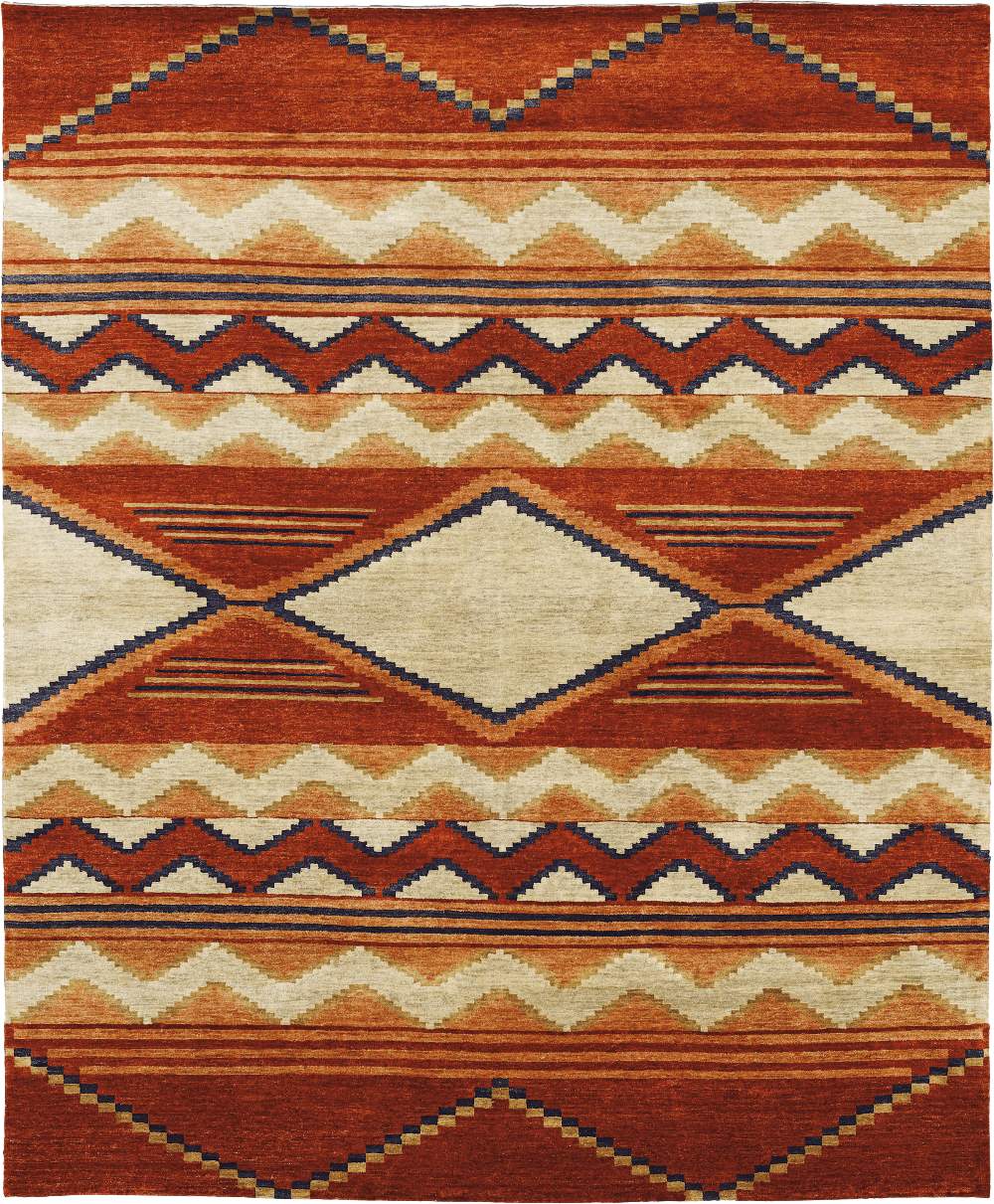 Pendleton Mesa Southwest hand-knotted wool rug with terra cotta, ivory, and blue geometric patterns.