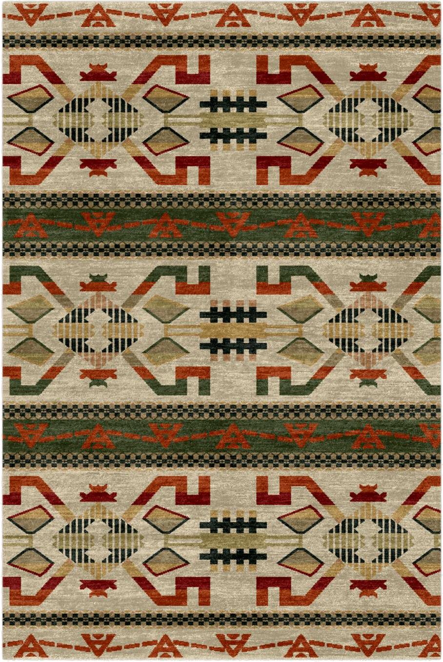 Pendleton Anasazi Southwest hand-knotted wool rug with geometric patterns in green, terra cotta, and gold.