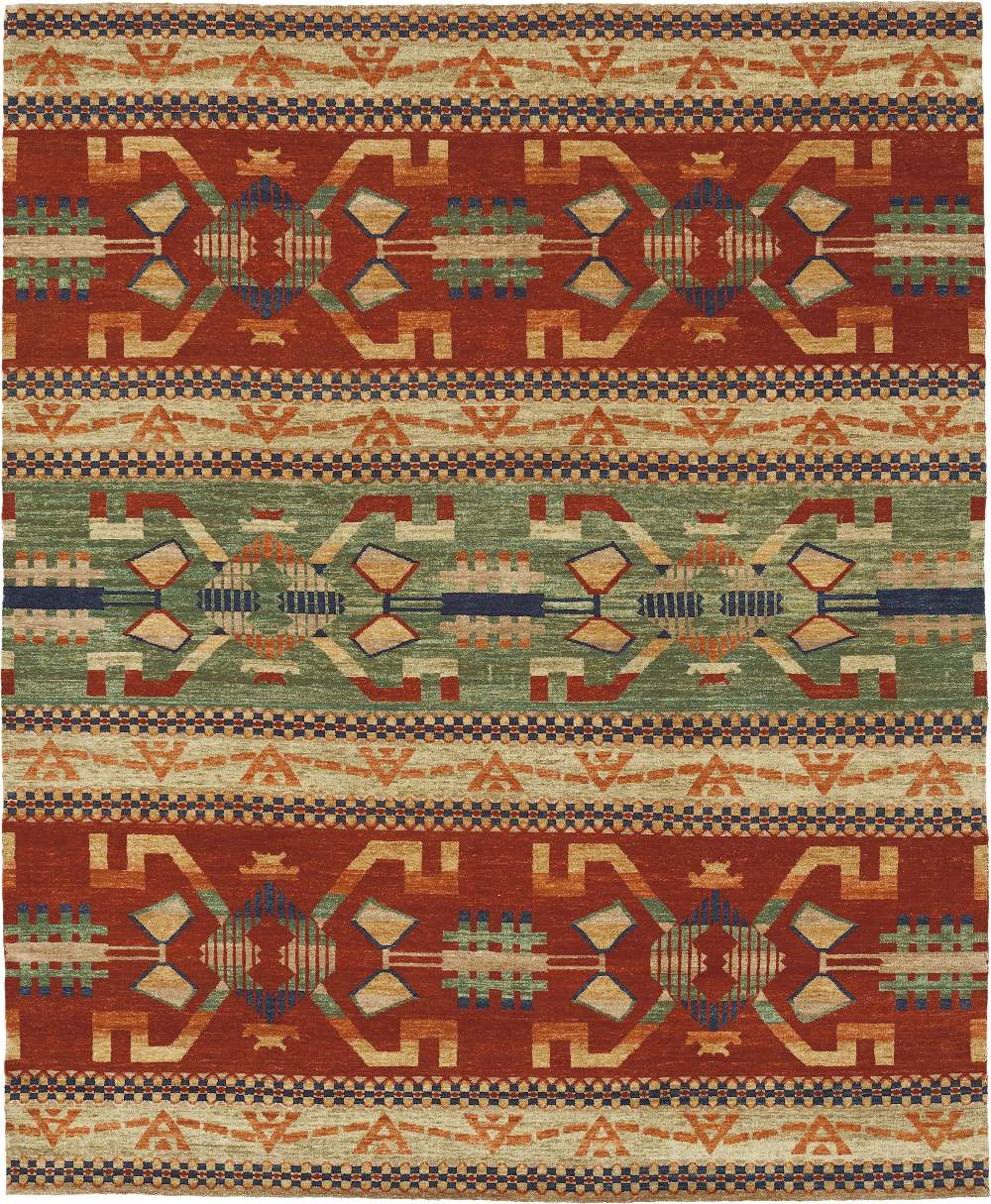 Pendleton Anasazi Southwest wool rug with terra cotta, green, and beige geometric patterns.