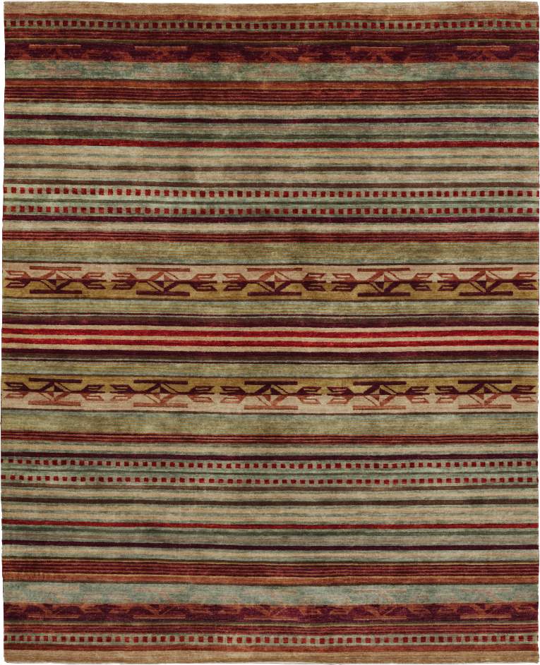 Pendleton Chimayo wool rug with Southwest patterns in red, green, and beige stripes.