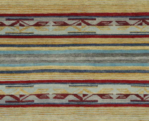 Pendleton Chimayo garnet Southwest hand-knotted wool rug with colorful geometric stripes.
