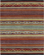 Pendleton Chimayo garnet wool rug with Southwest stripes in red, turquoise, and gold.