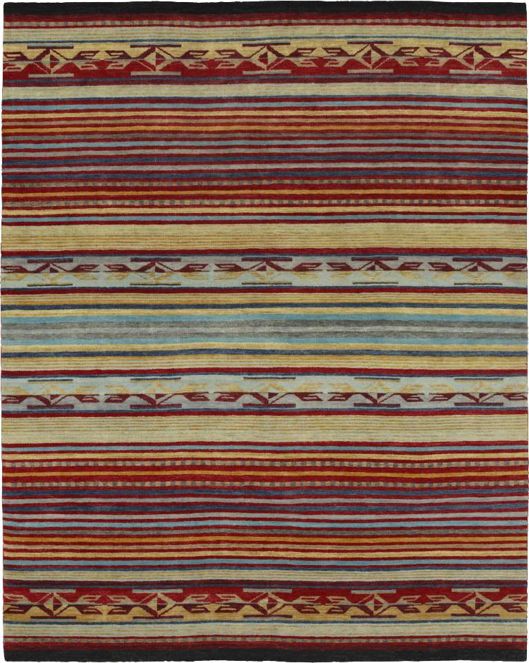 Pendleton Chimayo garnet wool rug with Southwest stripes in red, turquoise, and gold.