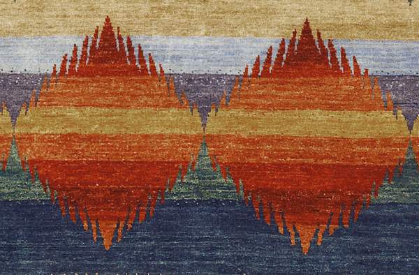 Pendleton Southwest hand-knotted wool rug with terra cotta diamond pattern on blue and gold stripes
