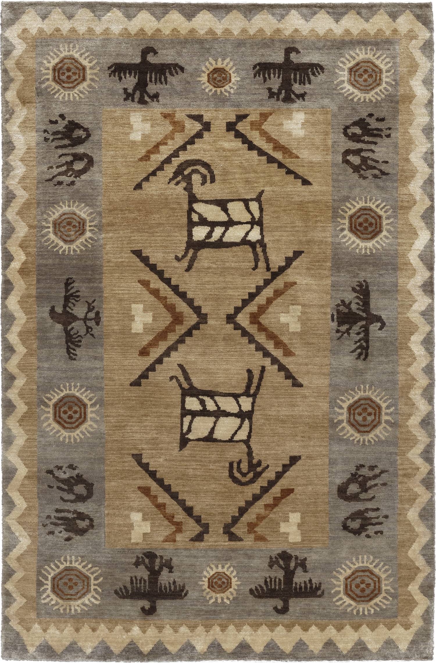 Pendleton Rock Art wool rug with southwest petroglyph motifs in sand, grey, and brown.