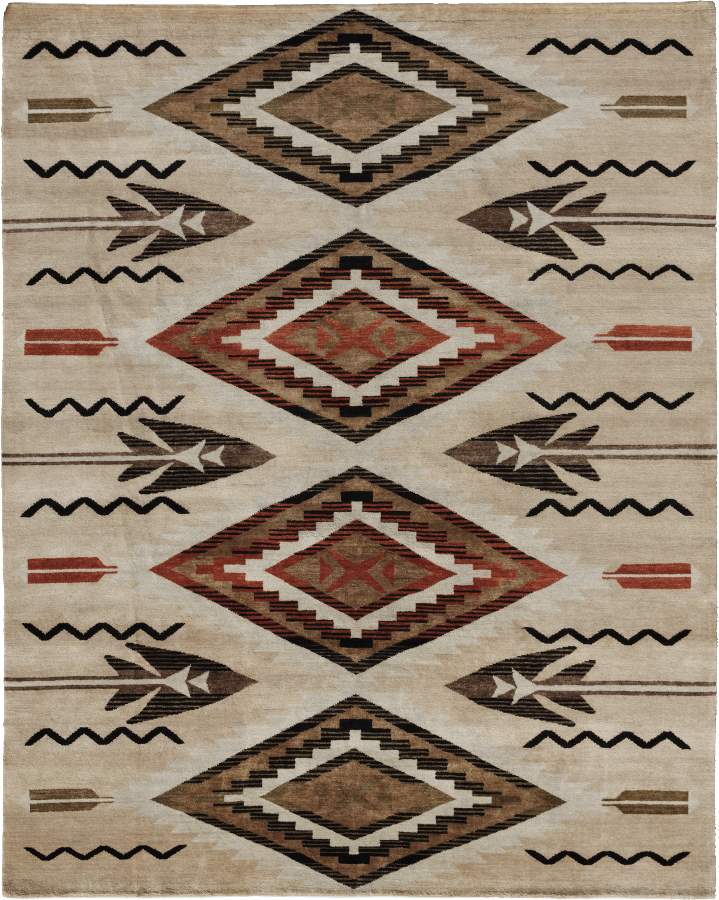 Pendleton Southwest wool rug with oatmeal background, brown and terra cotta diamond and arrowhead patterns.