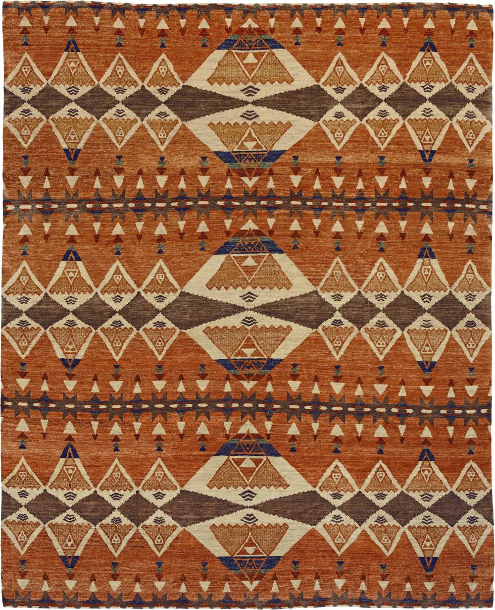 Pendleton Southwest wool rug in burnt orange, brown, and tan with geometric TePee patterns.
