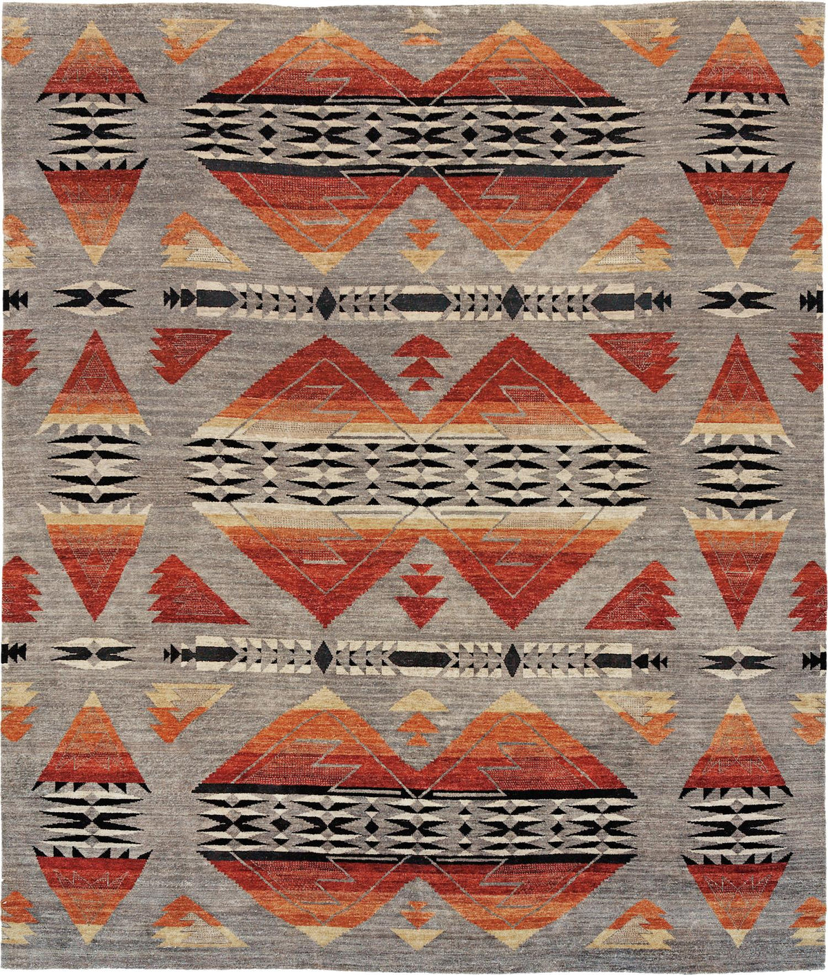 Pendleton Mt. Zion Southwest wool rug with gray, terra cotta, and black geometric patterns.