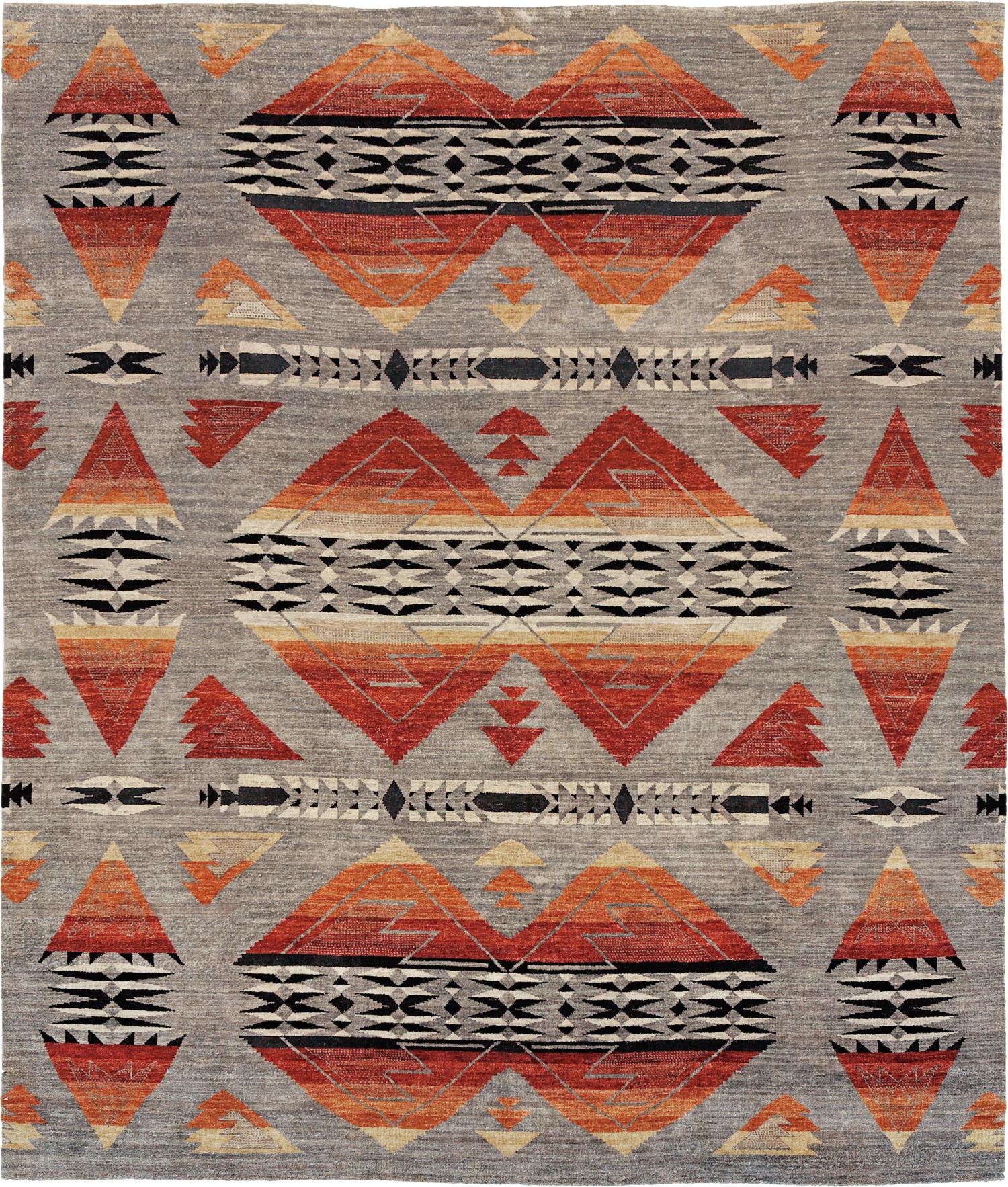 Pendleton Mt. Zion Southwest wool rug with gray, terra cotta, and black geometric patterns.