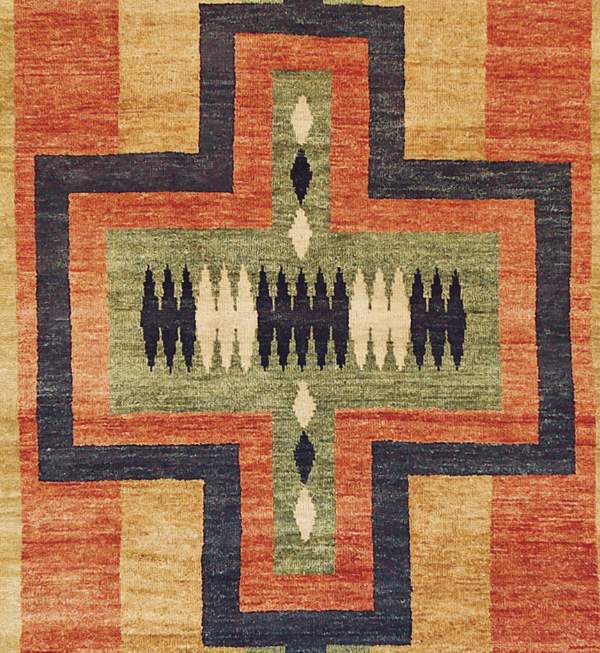 Pendleton hand-knotted wool rug with a Southwest Chimayo pattern in red, green, and blue.