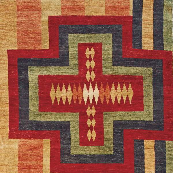 Pendleton hand-knotted wool rug with red, green, and blue Southwest Chimayo geometric patterns.