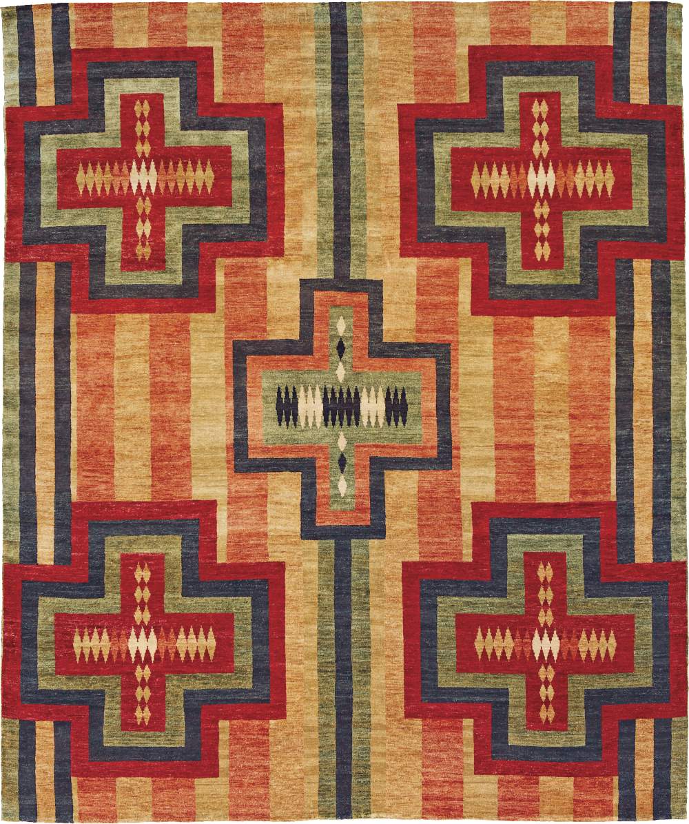 Pendleton Southwest hand-knotted wool rug with red, orange, and green Chimayo geometric patterns.