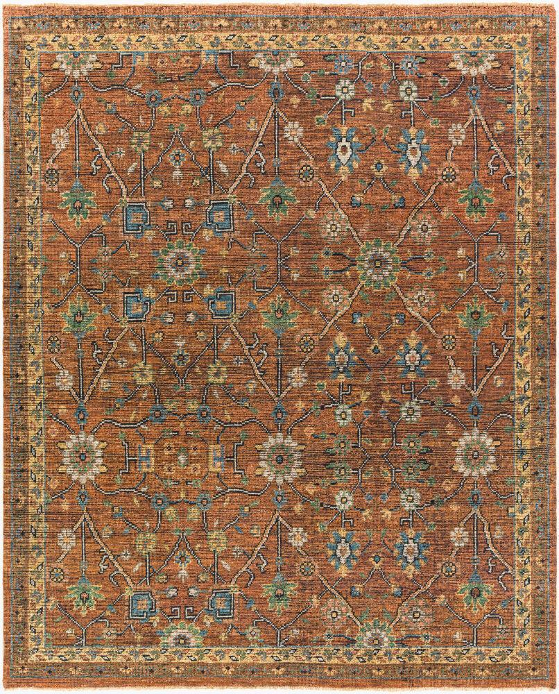 Reign hand-knotted wool rug in rust orange with traditional floral patterns.