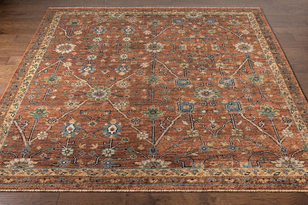 Reign hand-knotted wool rug in rust orange with traditional blue and green floral patterns.