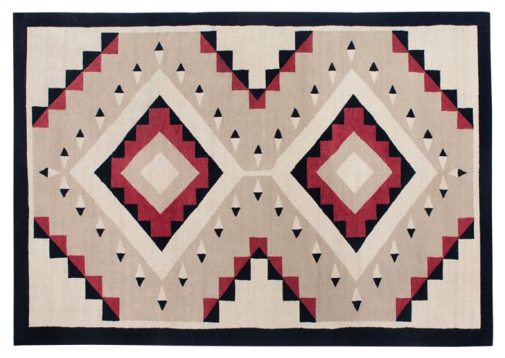 Los Lunas Southwest hand-knotted wool rug with geometric diamond patterns in beige, red, and black.