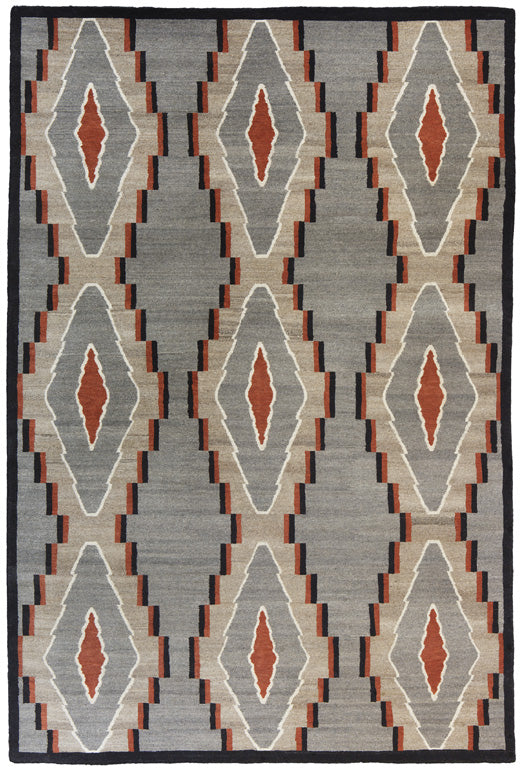 Glorietta Southwest hand-knotted wool rug with grey, terracotta, and beige diamond patterns