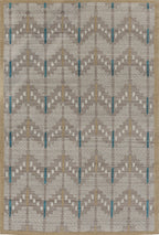 Los Alamos Southwest hand-knotted wool rug in tan and grey with turquoise accents.
