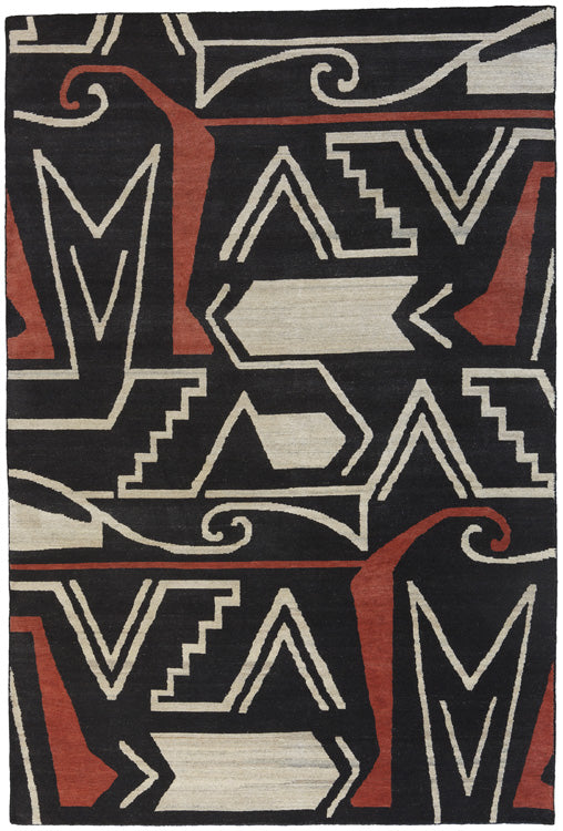 Riudoso Southwest hand-knotted wool rug with black, terracotta, and beige Hopi pottery designs.