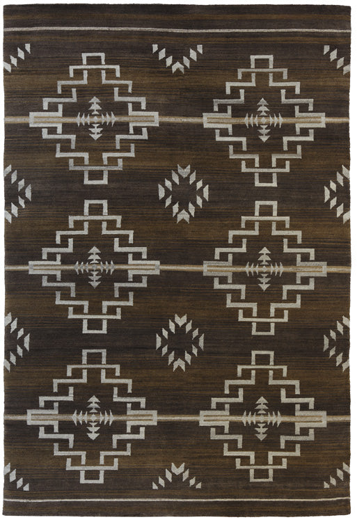 Estancia chocolate brown and tan wool rug with Southwest geometric patterns.