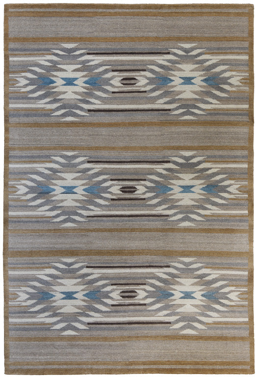 Alta Vista Southwest hand-knotted wool rug with geometric patterns in beige, grey, and blue.