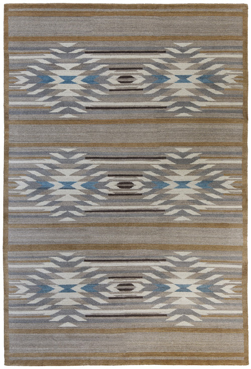 Alta Vista Southwest hand-knotted wool rug with geometric patterns in beige, grey, and blue.