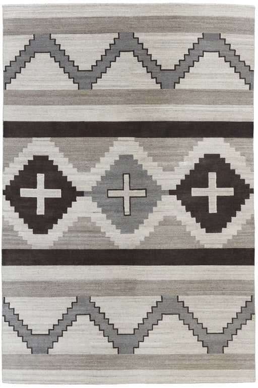 Las Cruces Southwest hand-knotted wool rug with grey, beige, and brown geometric patterns.