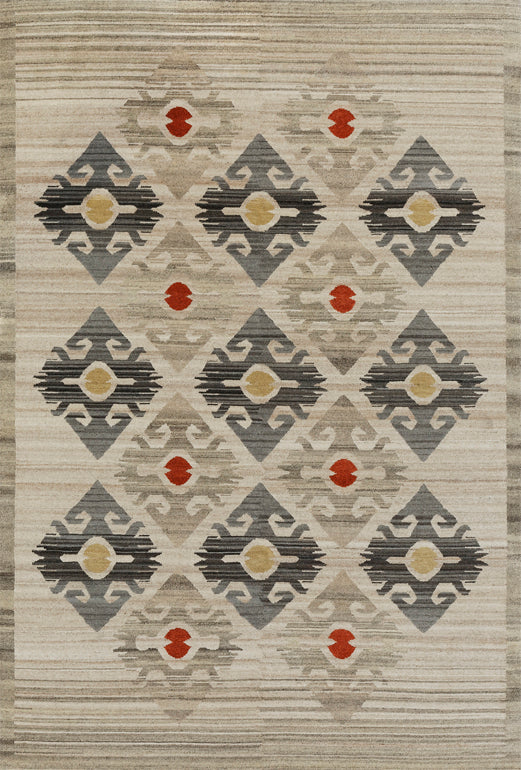 Madrid Beige Southwest hand-knotted wool rug with grey and orange geometric patterns.