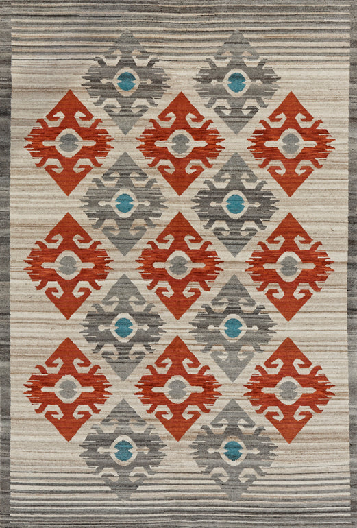 Madrid Red Southwest hand-knotted wool rug with geometric diamond patterns in red, grey, and turquoise.