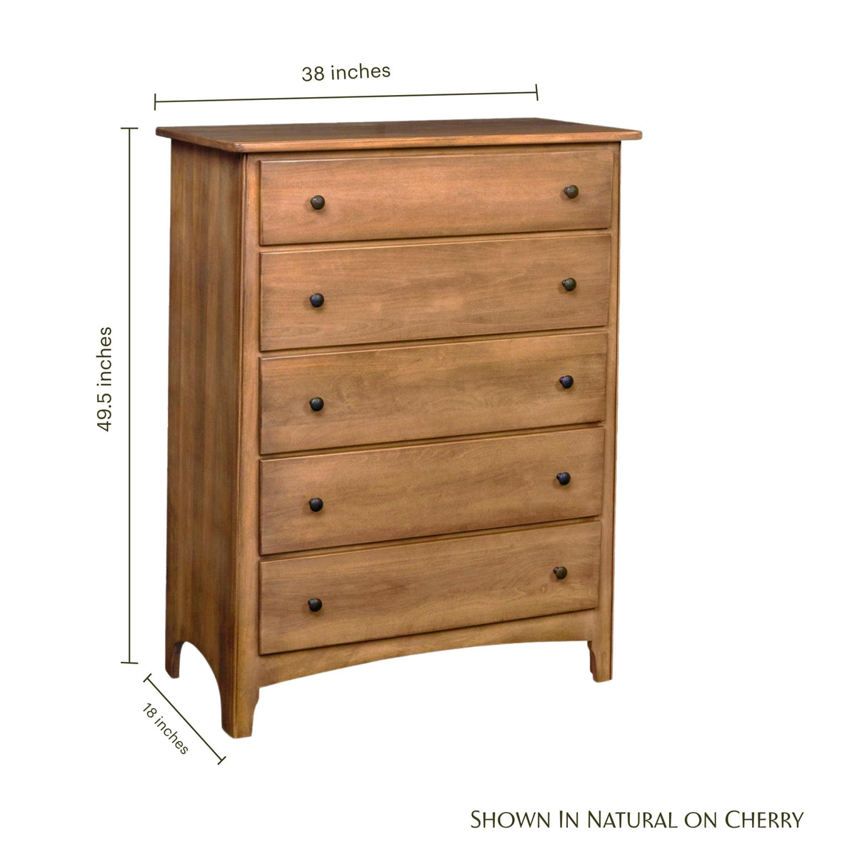 Shaker nursery chest in natural cherry wood with 5 drawers and dimensions shown.