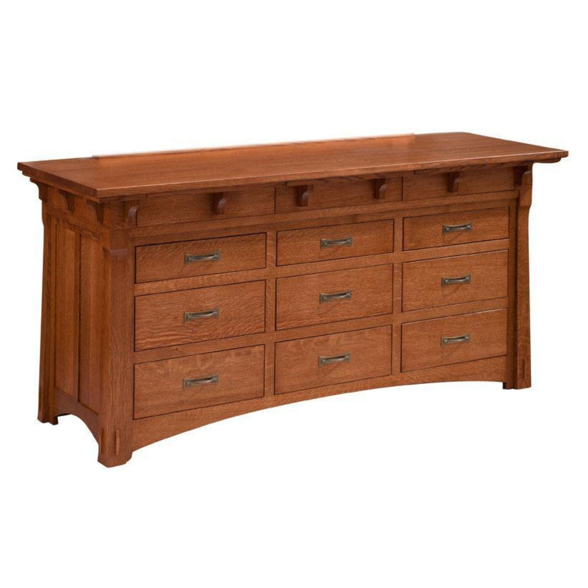 MaRyan 9-drawer dresser in warm brown solid hardwood with metal pulls.
