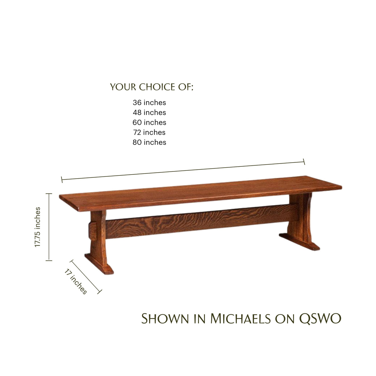 Franklin oak dining trestle bench with size options and dimensions shown.