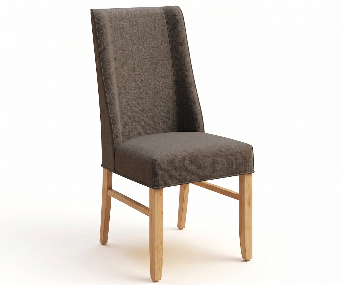 Stella Side Chair with grey fabric upholstery and light wood legs