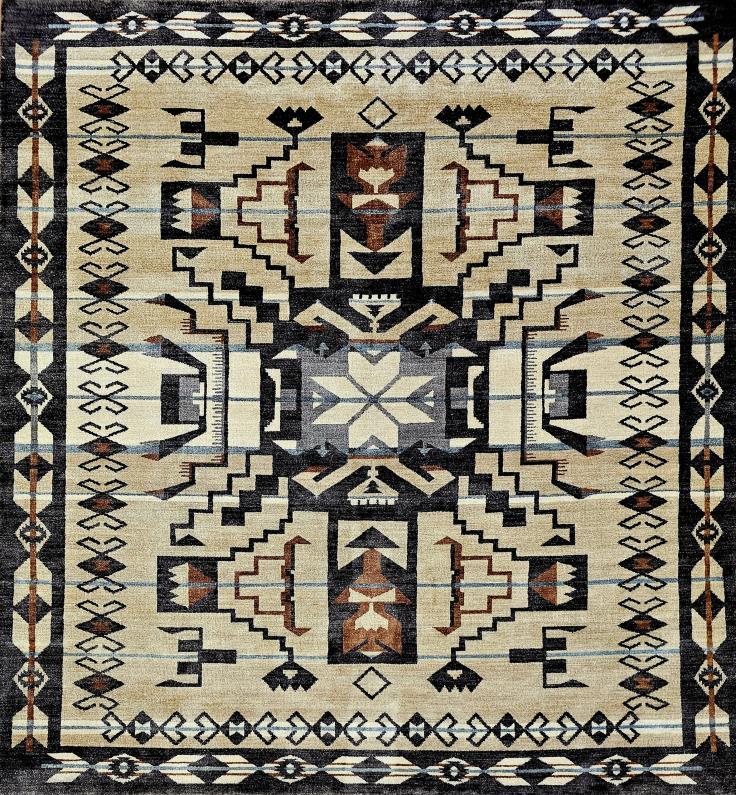 Pendleton Storm Falcon hand-knotted wool rug with beige, black, and brown Southwest geometric patterns.
