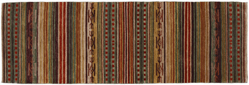 Pendleton Chimayo Southwest hand-knotted wool runner rug with colorful stripes and geometric patterns.