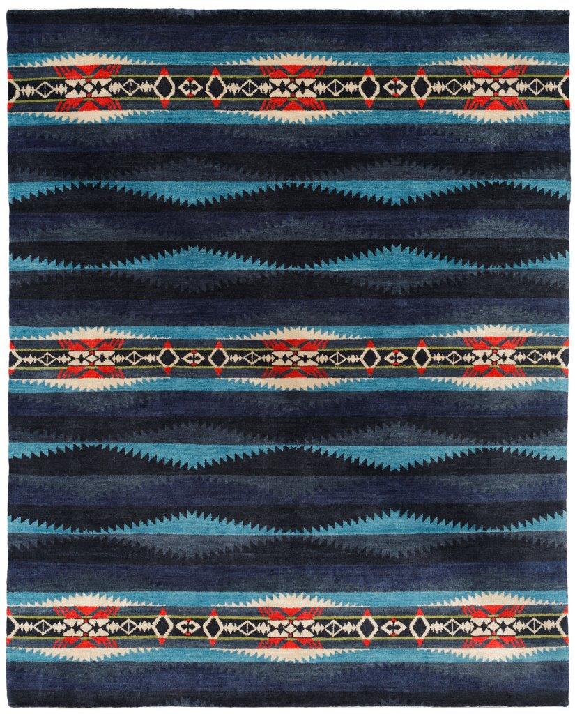 Pendleton Lahaina Wave wool rug with blue, turquoise, and red Southwest tribal patterns.