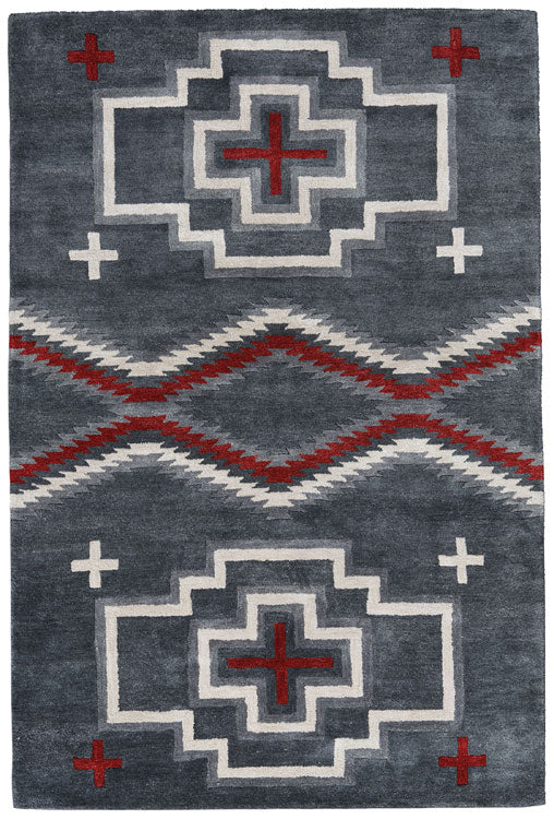 Pendleton San Miguel Southwest hand-tufted wool rug in grey, ivory, and red geometric patterns.