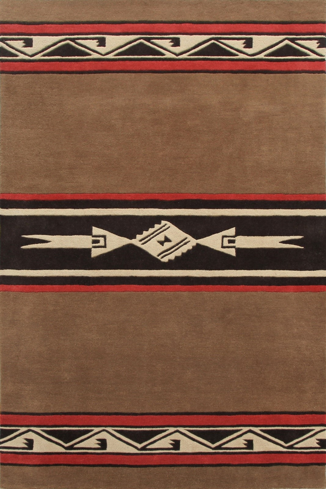 Pendleton Pueblo Chocolate Southwest wool rug with brown, red, and black geometric patterns.