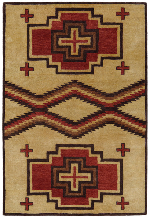 Pendleton San Miguel Southwest wool rug with terra cotta and brown geometric patterns on a tan field.