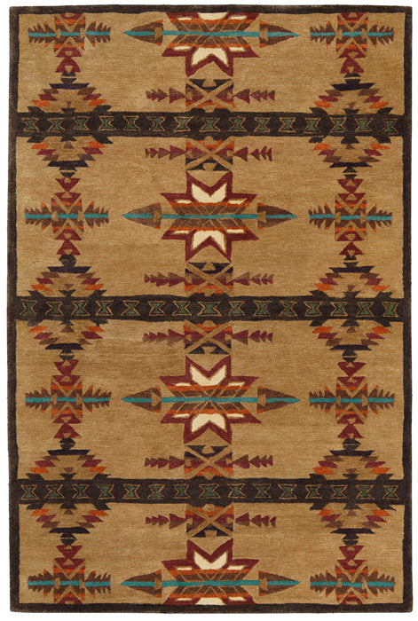 Pendleton Gatekeeper Southwest wool rug in tan with terra cotta and turquoise geometric patterns.