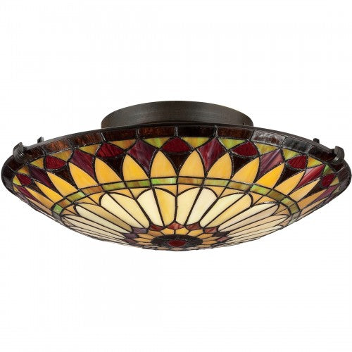 West End Tiffany-style flush mount ceiling light with earth-toned geometric stained glass.