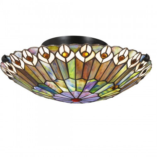 Watkins Tiffany-style stained glass flush mount ceiling light with peacock feather design.