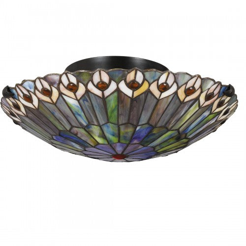 Watkins flush mount ceiling light with colorful peacock-style Tiffany art glass shade.