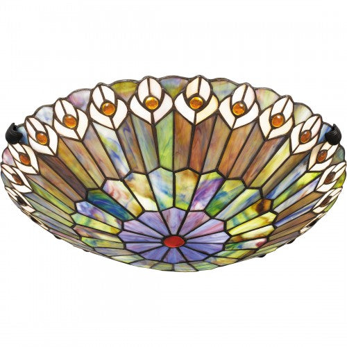 Watkins Tiffany-style stained glass flush mount ceiling light with colorful peacock feather design