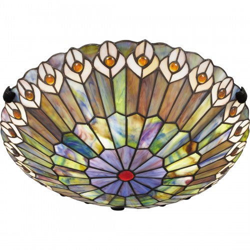 Watkins Tiffany-style stained glass flush mount ceiling light with colorful peacock feather design.