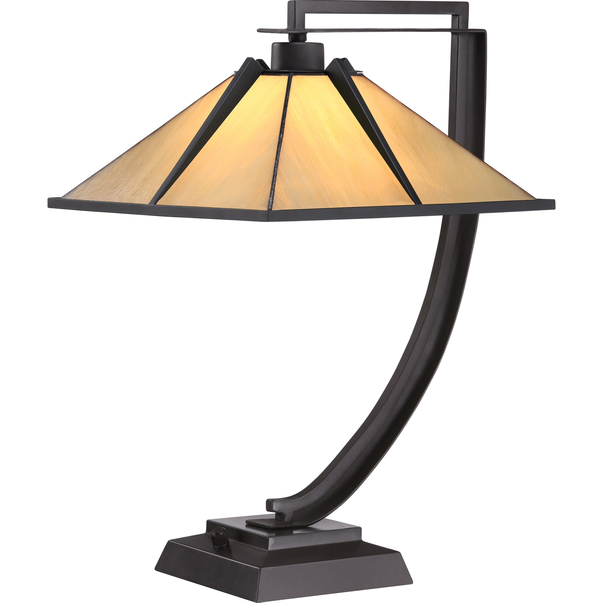 Pomeroy Arts and Crafts desk lamp with a yellow glass shade and bronze base